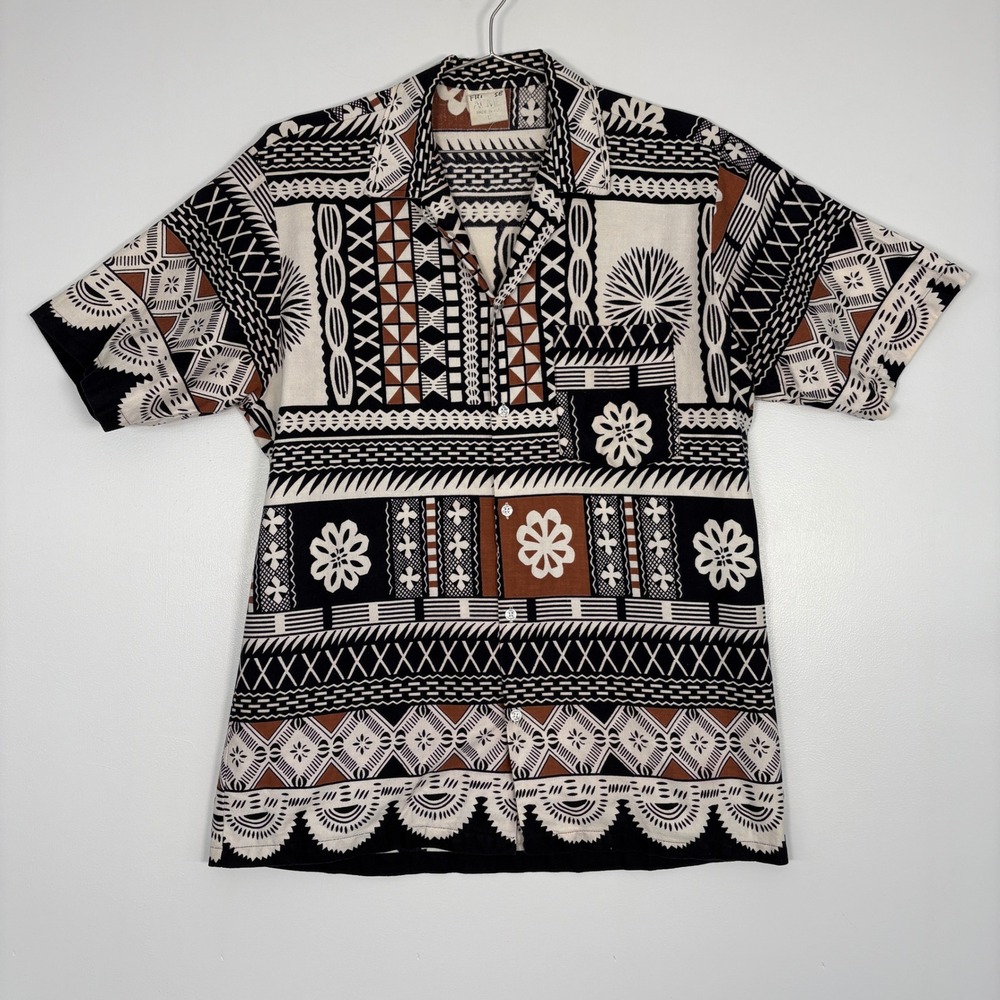 Acme‎ Mens Button Up Shirt L Black Tribal Geometric Floral Print Short Sleeve
